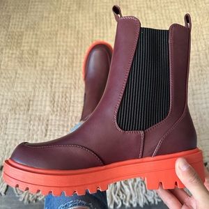 Vino Orange Two Tone Chelsea Lug Block Heel Bootie